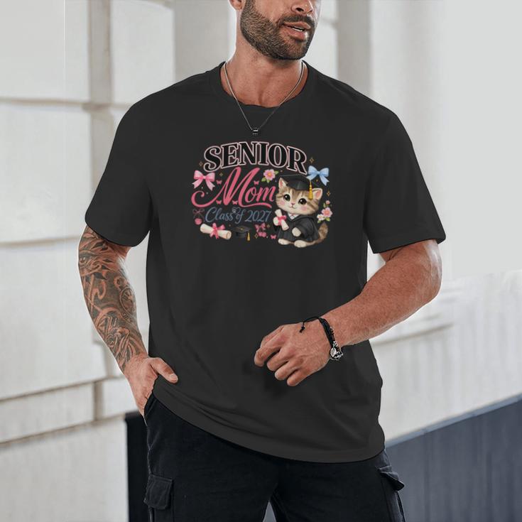 Senior Mom Class Of 2027 Cute Cat Graduation Pink Bows Girls Unisex T-Shirt