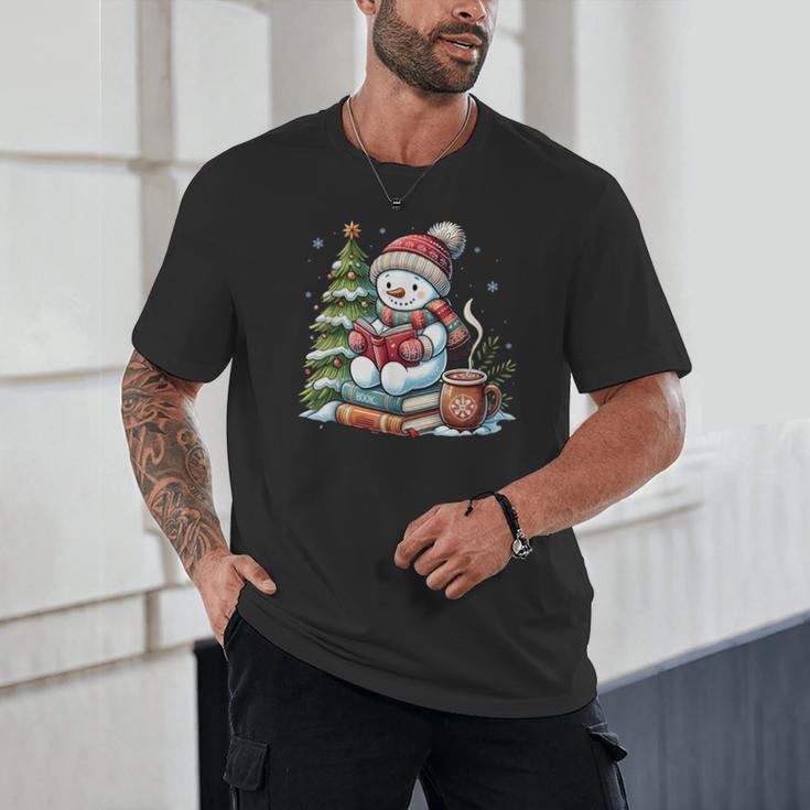 Snowman Reading Book Lovers Christmas Librarian Bookworm Unisex T-Shirt