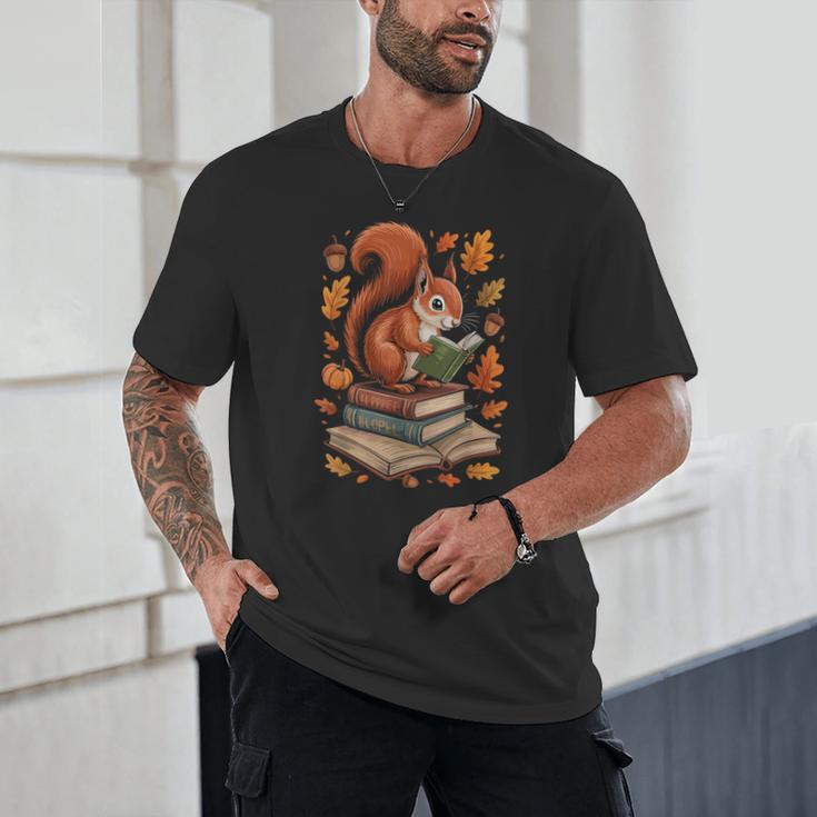 Squirrel Reading Book Lovers Fall Leaves Library Books Unisex T-Shirt