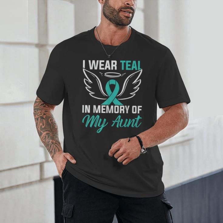 Teal In Memory Of My Aunt Ovary Ovarian Cancer Teal Ribbon Unisex T-Shirt Teal In Memory Of My Aunt Ovary Ovarian Cancer Teal Ribbon Unisex T-Shirt