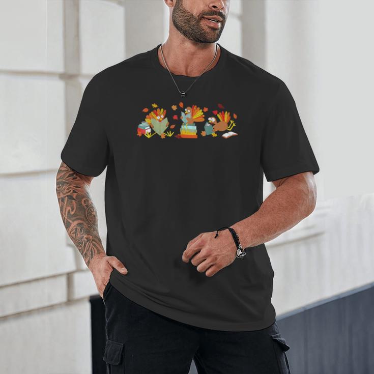 Turkey Reading Books Fall Thanksgiving Teacher Book Lovers Unisex T-Shirt