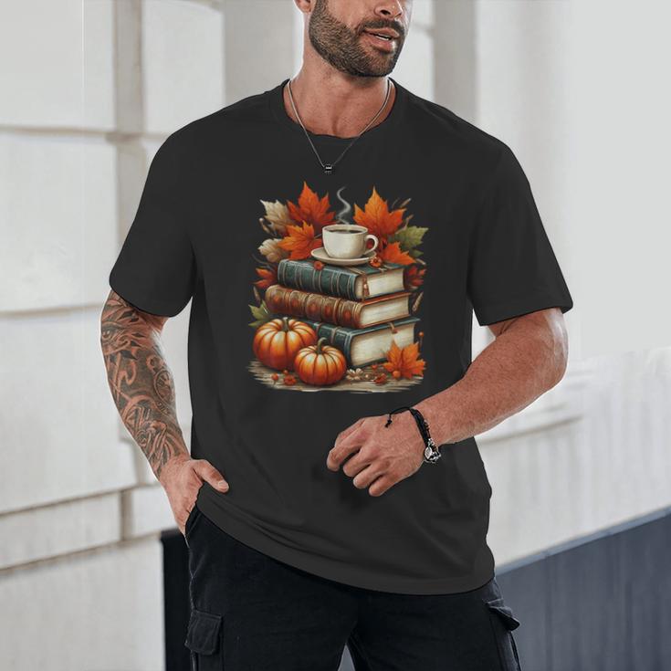 Vintage Autumn Books Coffee Pumpkin Fall Reading Unisex T-Shirt