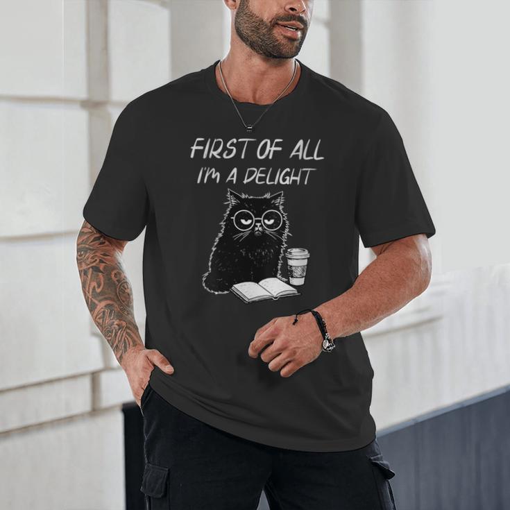 Women's First Of All I’m A Delight Cute Cat Books Coffee Humor Unisex T-Shirt Women's First Of All I’m A Delight Cute Cat Books Coffee Humor Unisex T-Shirt