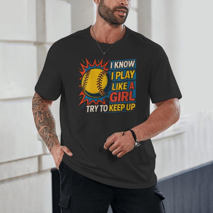 Women's Girls Softball Play Like A Girl Comic Book Pop Art Unisex T-Shirt