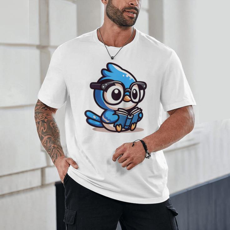 Adorable Book Lover Blue Jay With Reading Glasses Cute Raglan Baseball Tee Unisex T-Shirt