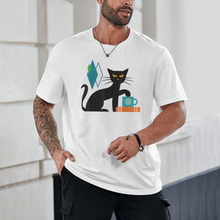Cat Midcentury With Book And Coffee Atomic Age Mid Century Unisex T-Shirt