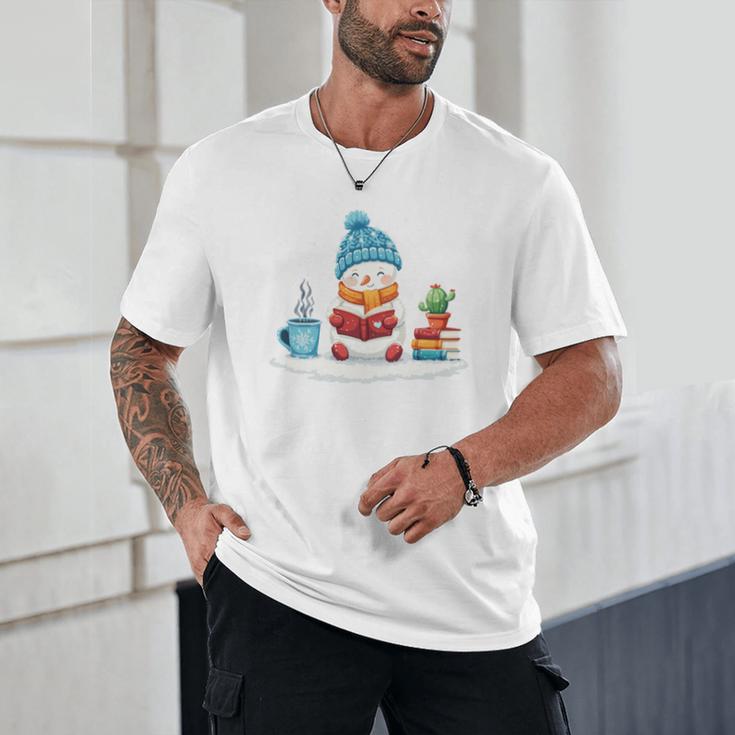 Cute Winter Cozy Snowman Reading Book Lovers Xmas Snowman Unisex T-Shirt