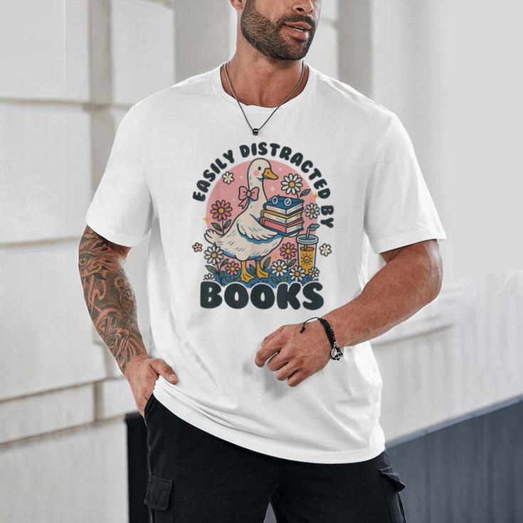 Easily Distracted By Books Read Goose Lover Bookworm Reading Unisex T-Shirt
