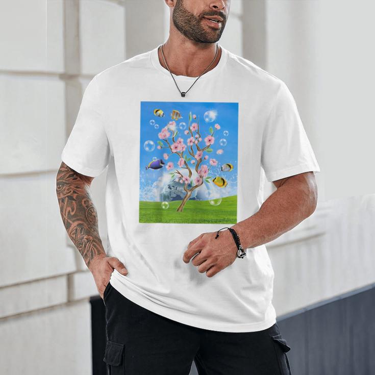 Frutiger Aero Aesthetic Tech Cherry Blossom Fishes Bubbles Raglan Baseball Tee Unisex T-Shirt Frutiger Aero Aesthetic Tech Cherry Blossom Fishes Bubbles Raglan Baseball Tee Unisex T-Shirt