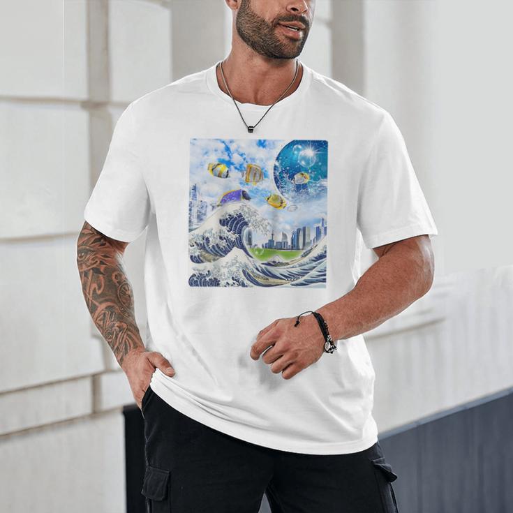 Frutiger Aero Aesthetic Tech Great Wave Of Kanagawa Fishes Raglan Baseball Tee Unisex T-Shirt Frutiger Aero Aesthetic Tech Great Wave Of Kanagawa Fishes Raglan Baseball Tee Unisex T-Shirt