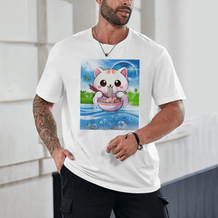 Frutiger Aero Aesthetic Tech Kawaii Ramen Cat Fishes Raglan Baseball Tee Unisex T-Shirt