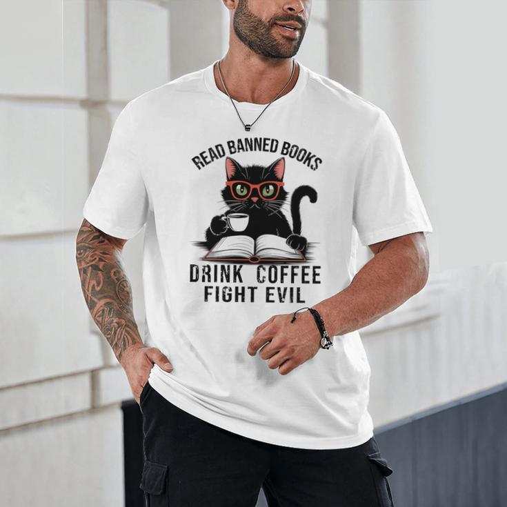 Read Banned Books Drink Coffee Fight Evil Retro Cat Unisex T-Shirt