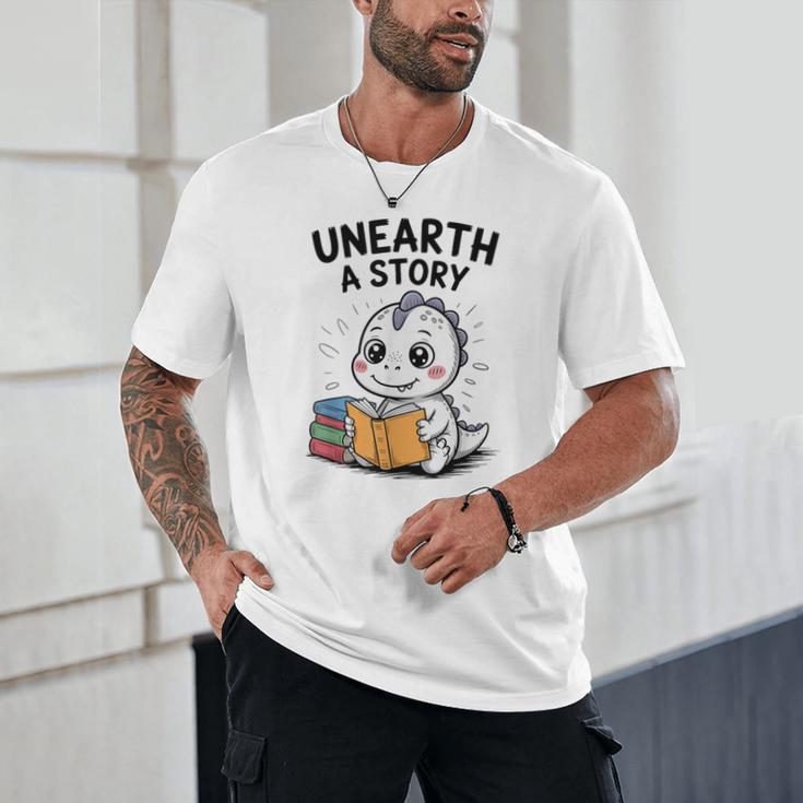 Unearth a Story Cute Dinosaur Summer Reading 2026 Dino Book Unisex T-Shirt