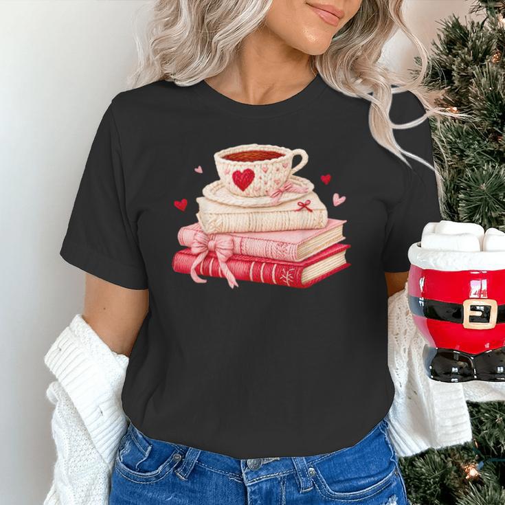 Cute Books And Coffee Crochet Valentines Day Tee For Couples Unisex T-Shirt