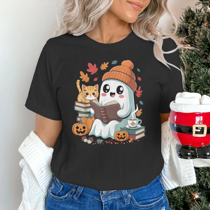 Cute Cozy Ghost Reading With Cat Book Lover Autumn Fall Unisex T-Shirt