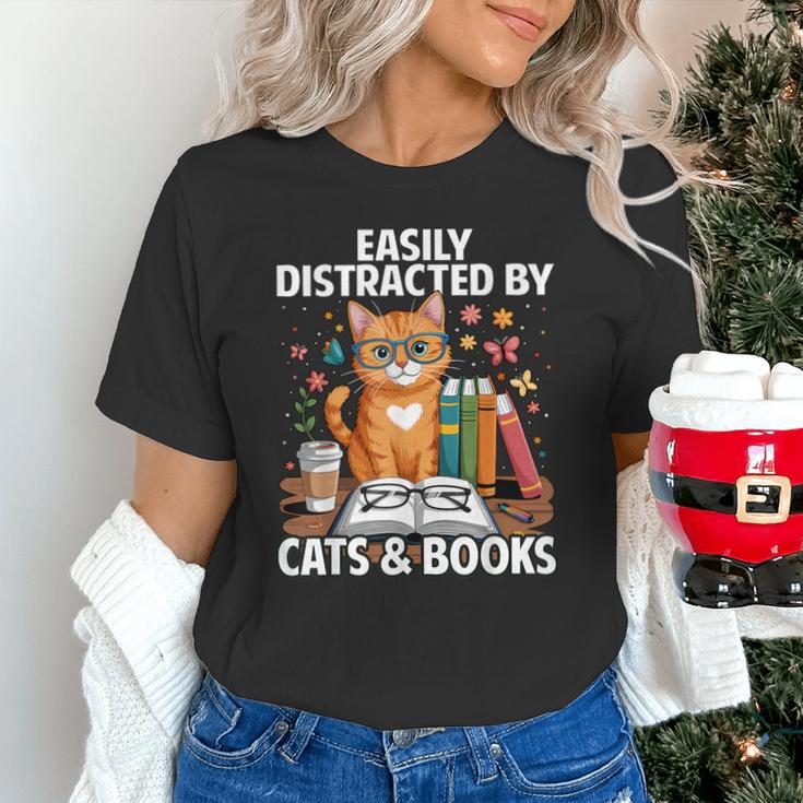 Easily Distracted By Cats And Books Book Lover Cat Unisex T-Shirt
