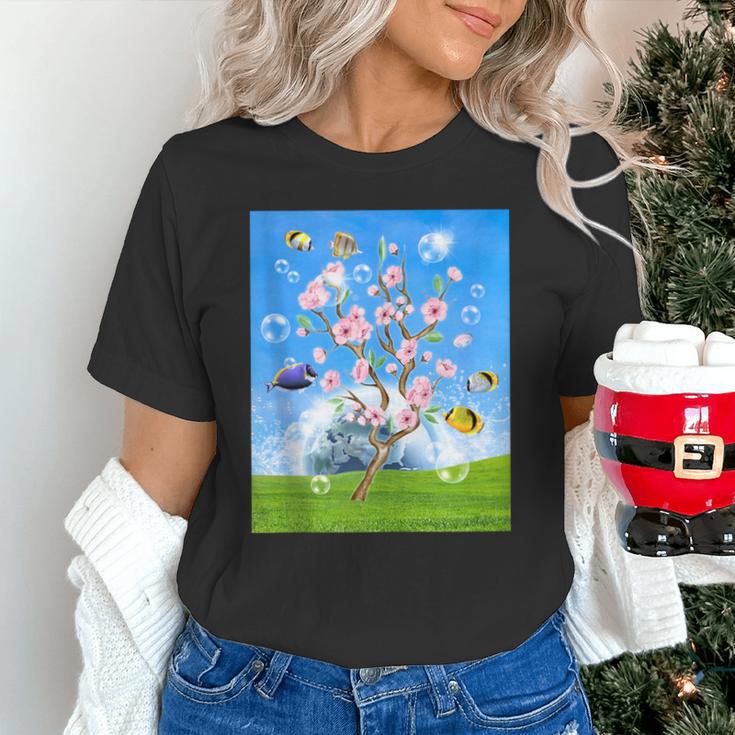 Frutiger Aero Aesthetic Tech Cherry Blossom Fishes Bubbles Unisex T-Shirt Frutiger Aero Aesthetic Tech Cherry Blossom Fishes Bubbles Unisex T-Shirt