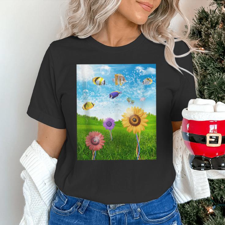 Frutiger Aero Aesthetic Tech Scenery Fishes Sunflower Unisex T-Shirt