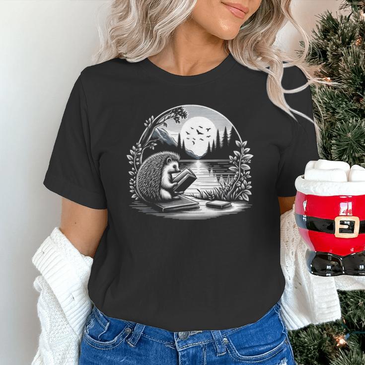 Hedgehog Reading Book Full Moon Lake Scenery Unisex T-Shirt