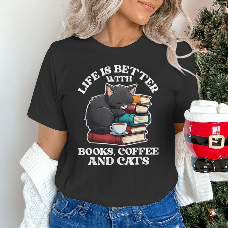 Life Is Better With Books Cats & Coffee Librarian Book Lover Unisex T-Shirt
