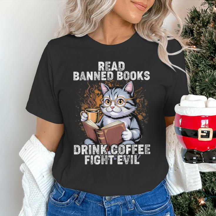 Read Banned Books Drink Coffee Fight Evil Cat Unisex T-Shirt Read Banned Books Drink Coffee Fight Evil Cat Unisex T-Shirt