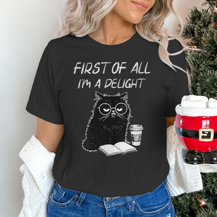 Women's First Of All I’m A Delight Cute Cat Books Coffee Humor Unisex T-Shirt Women's First Of All I’m A Delight Cute Cat Books Coffee Humor Unisex T-Shirt