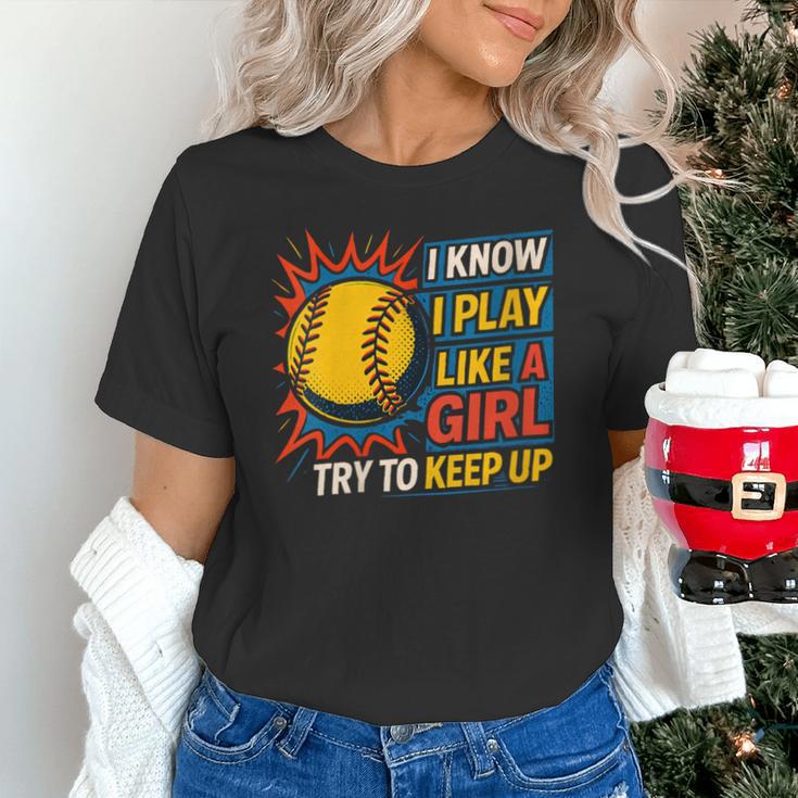 Women's Girls Softball Play Like A Girl Comic Book Pop Art Unisex T-Shirt