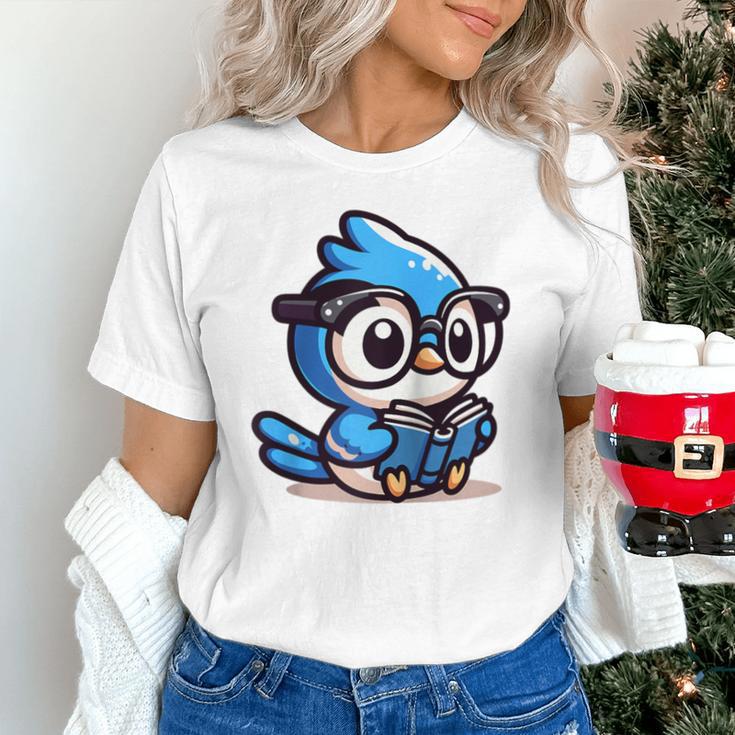 Adorable Book Lover Blue Jay With Reading Glasses Cute Raglan Baseball Tee Unisex T-Shirt