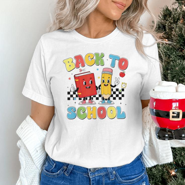 Back To School Checkered Book Pencil Groovy Teacher Student Unisex T-Shirt