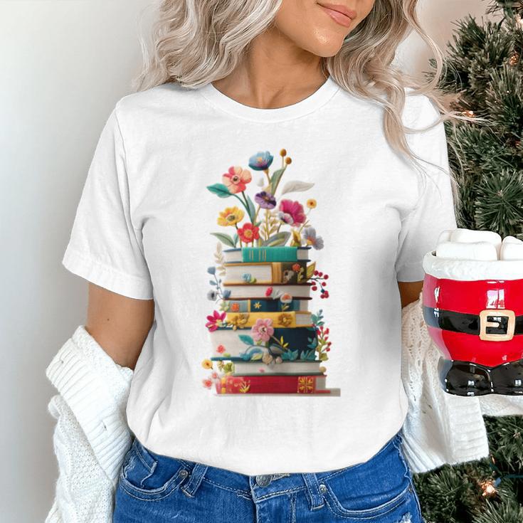 Book Stack With Flowers Reading Lover Bookish Unisex T-Shirt