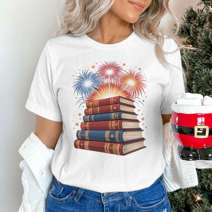 Books Fireworks 4th Of July Bookworm Patriotic Reader Unisex T-Shirt