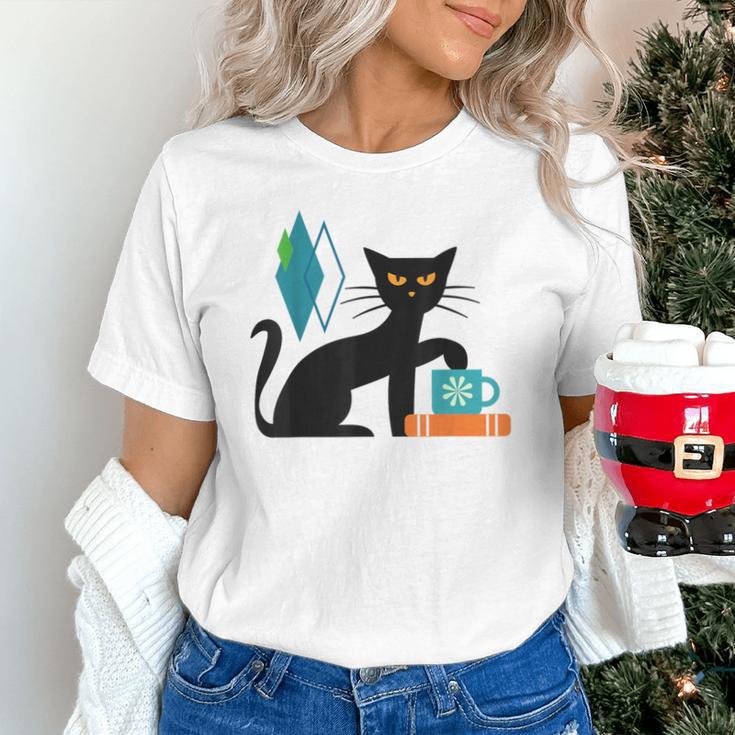 Cat Midcentury With Book And Coffee Atomic Age Mid Century Unisex T-Shirt