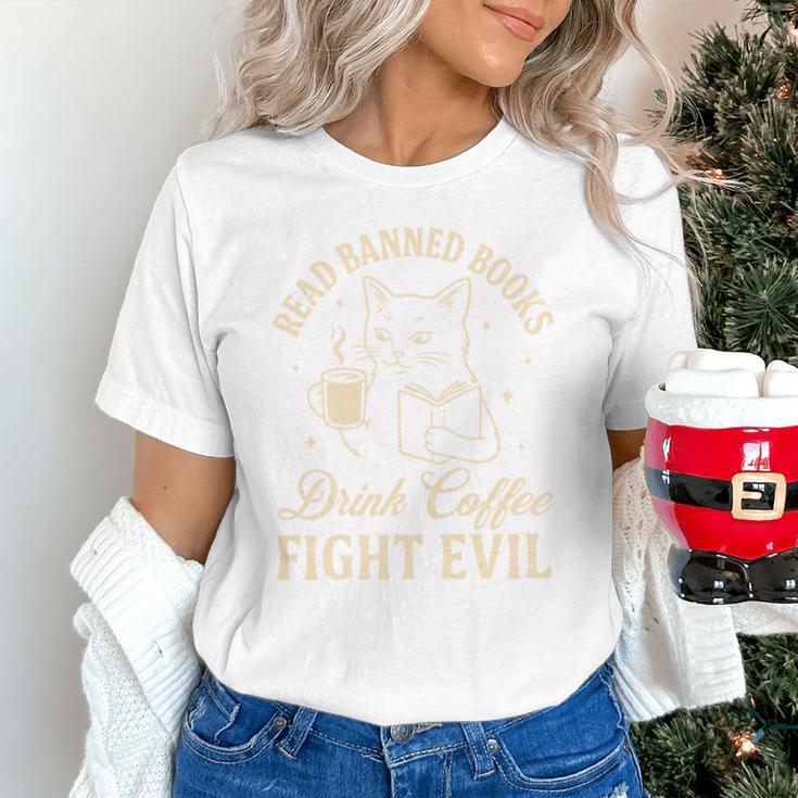 Cat Read Banned Books Drink Coffee Fight Evil Unisex T-Shirt