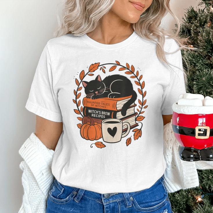 Fall Book Teacher Cat Books Halloween Autumn Librarian Unisex T-Shirt