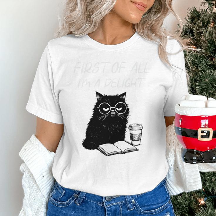 First Of All I’m A Delight Cute Cat Books Coffee Humor Unisex T-Shirt First Of All I’m A Delight Cute Cat Books Coffee Humor Unisex T-Shirt