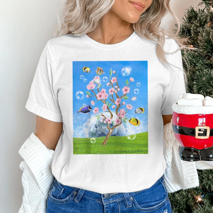 Frutiger Aero Aesthetic Tech Cherry Blossom Fishes Bubbles Raglan Baseball Tee Unisex T-Shirt Frutiger Aero Aesthetic Tech Cherry Blossom Fishes Bubbles Raglan Baseball Tee Unisex T-Shirt