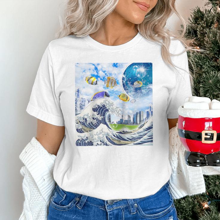 Frutiger Aero Aesthetic Tech Great Wave Of Kanagawa Fishes Raglan Baseball Tee Unisex T-Shirt Frutiger Aero Aesthetic Tech Great Wave Of Kanagawa Fishes Raglan Baseball Tee Unisex T-Shirt