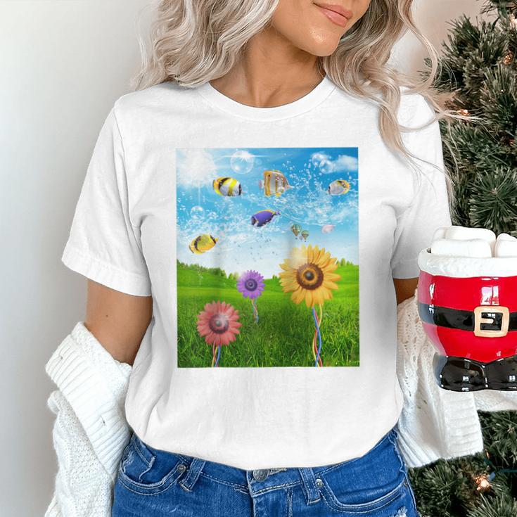 Frutiger Aero Aesthetic Tech Scenery Fishes Sunflower Raglan Baseball Tee Unisex T-Shirt Frutiger Aero Aesthetic Tech Scenery Fishes Sunflower Raglan Baseball Tee Unisex T-Shirt