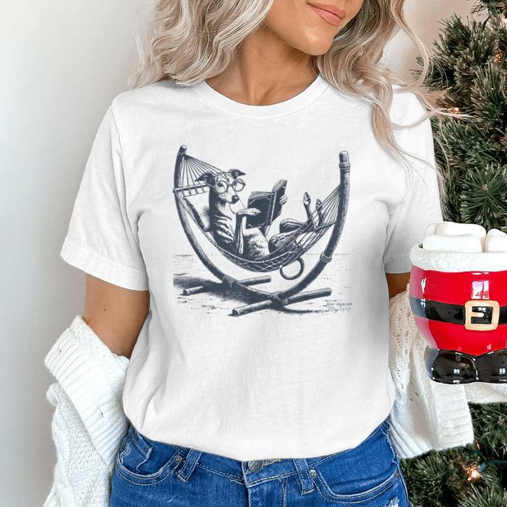 Italian Greyhound Whippet Dog Reading Book Hammock Iggy Mom Unisex T-Shirt