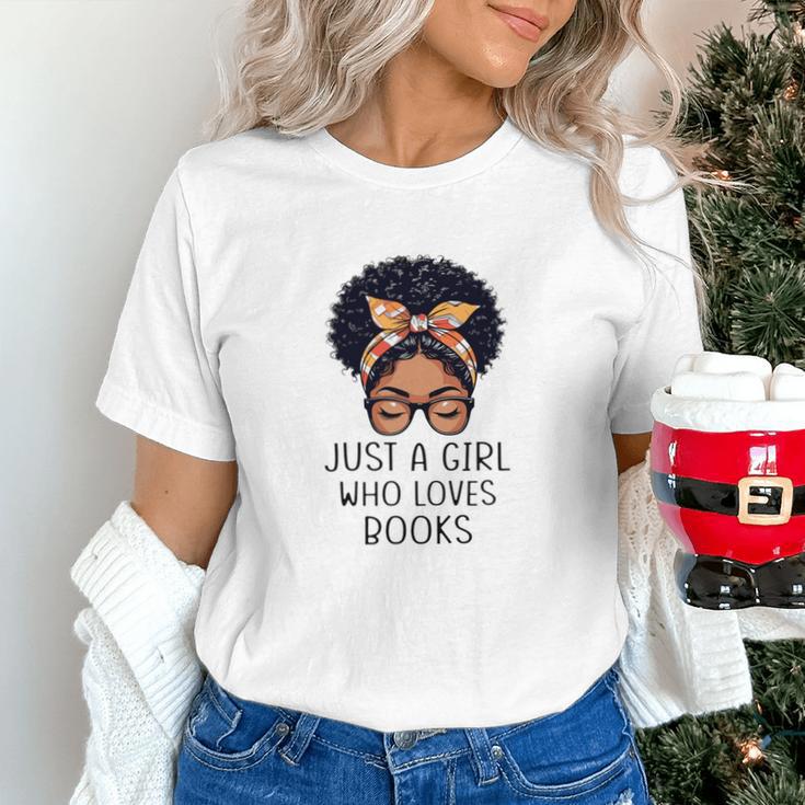 Just a Girl Who Loves Books Messy Bun Black Women Reading Unisex T-Shirt Just a Girl Who Loves Books Messy Bun Black Women Reading Unisex T-Shirt