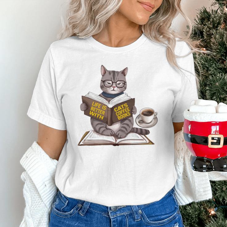 Life Is Better With Cats Coffee Books Cat Reading Book Unisex T-Shirt