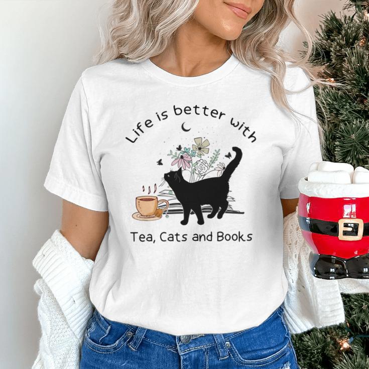Life Is Better With Tea Cats And Books Cat Sayings Unisex T-Shirt