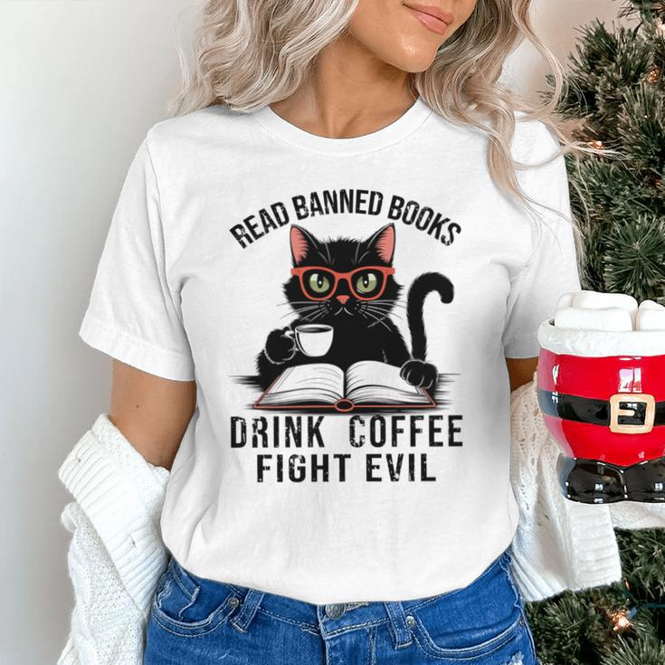 Read Banned Books Drink Coffee Fight Evil Retro Cat Unisex T-Shirt