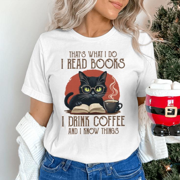 i Read Books And i Know Things Cat Reading Coffee Unisex T-Shirt