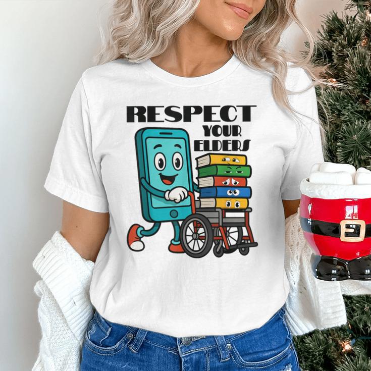 Respect Elders Cellphone Pushing Books In a Wheelchair Unisex T-Shirt Respect Elders Cellphone Pushing Books In a Wheelchair Unisex T-Shirt