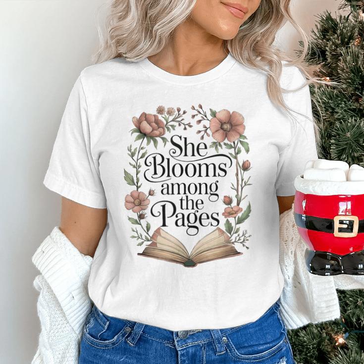 She Blooms Among The Pages Women Mom Wife Floral Book Lover Unisex T-Shirt