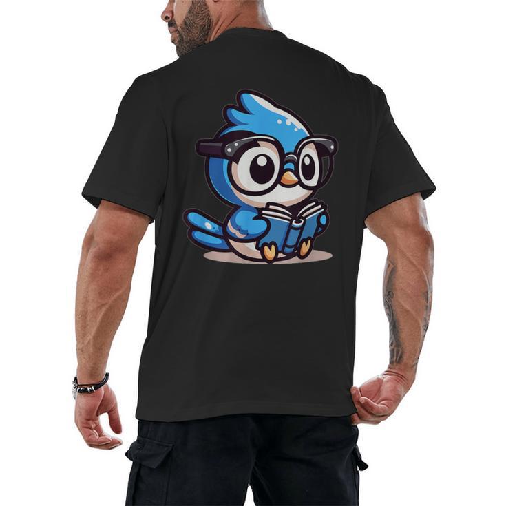 Adorable Book Lover Blue Jay With Reading Glasses Cute Men's Back Print T-Shirt
