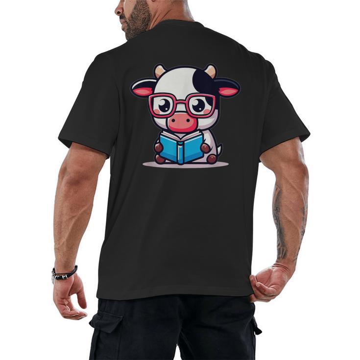 Adorable Book Lover Cow With Reading Glasses Cute Men's Back Print T-Shirt