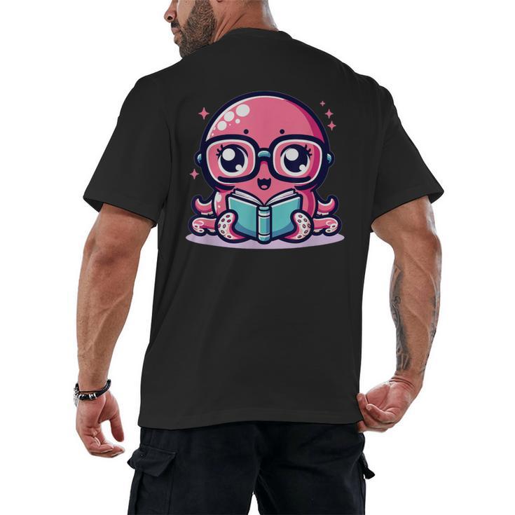 Adorable Book Lover Octopus With Reading Glasses Cute Men's Back Print T-Shirt
