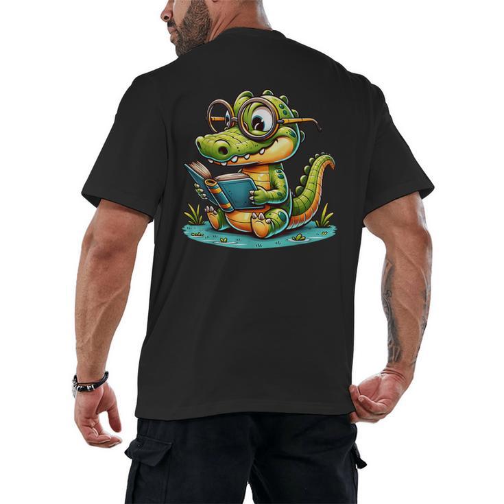 Alligator Reading a Book Animal Men's Back Print T-Shirt